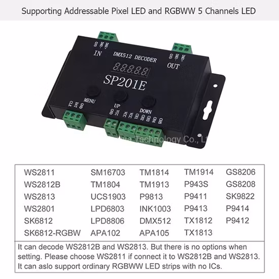 Controlador decodificador DMX512 Sp201e DC5V 24V Spi señal direccionable IC RGB LED Pixel 5 canales salida PWM 2811 2812 1903 tiras